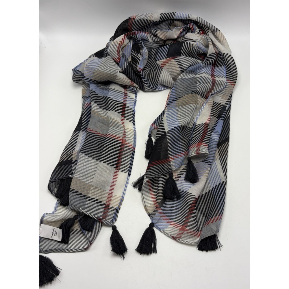 Vera Bradley Soft Fringe Scarf Perfectly Plaid Black White Tassels Lightweight